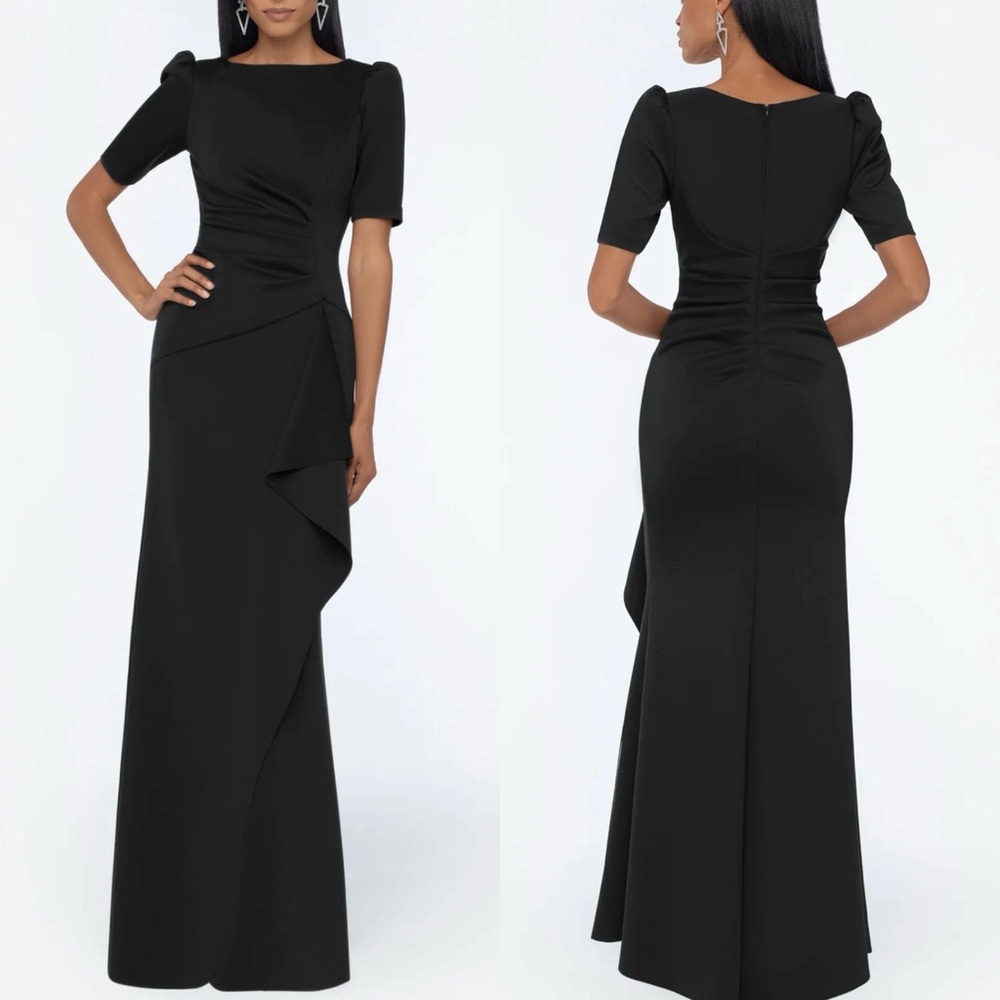 XSCAPE
Ruched A-Line Gown ruffle detail size 14 black NWT